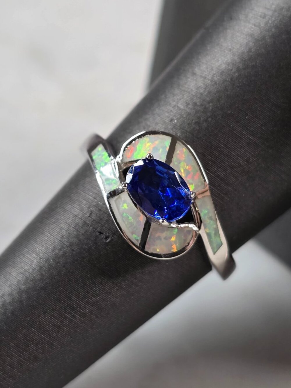 Womens Sterling Silver Opal Tanzanite Modernist Ring 3.3g E4194